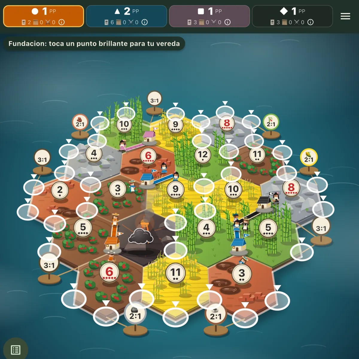 Vulkania board on an iPad or tablet with a settlement and a road built