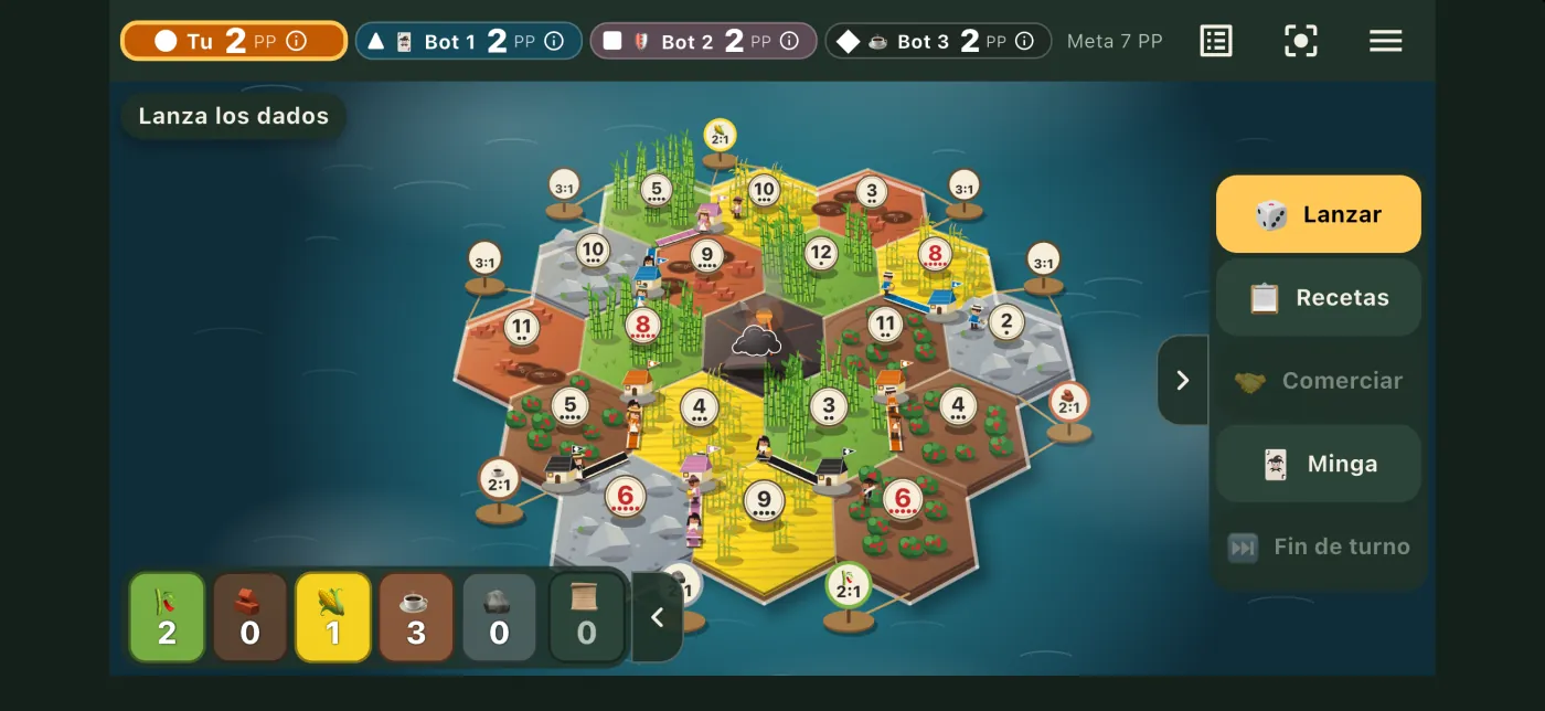 Vulkania board with the resource hand and the roll dice button